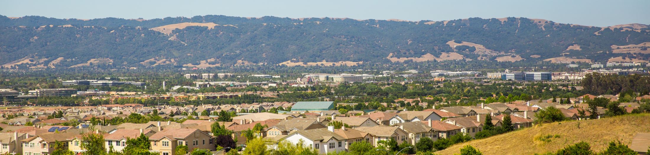 Panoramic view of Dublin, California — neighborhoods, hills, and the Tri-Valley